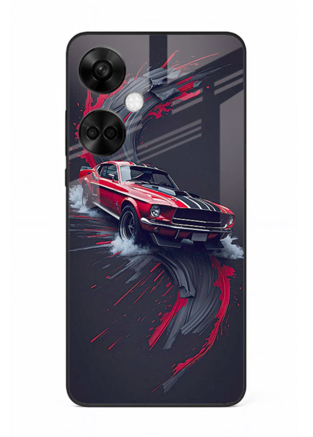 Classic Ford Mustang with red paint splash effect in dynamic motion design for OnePlus Nord CE3