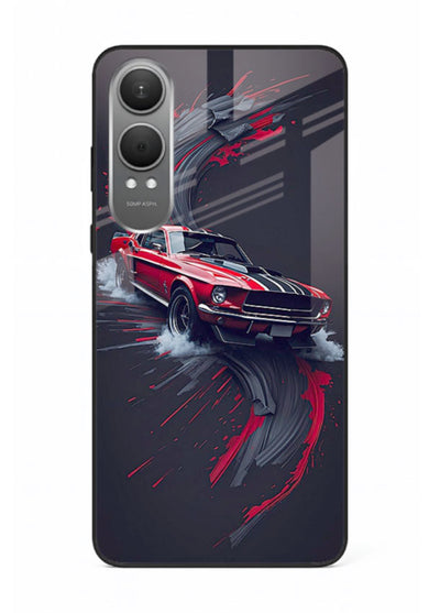 Classic Ford Mustang with red paint splash effect in dynamic motion design for OnePlus Nord CE4 Lite