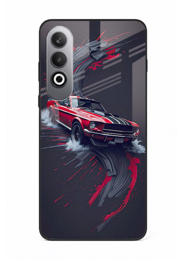 Classic Ford Mustang with red paint splash effect in dynamic motion design for OnePlus Nord CE4