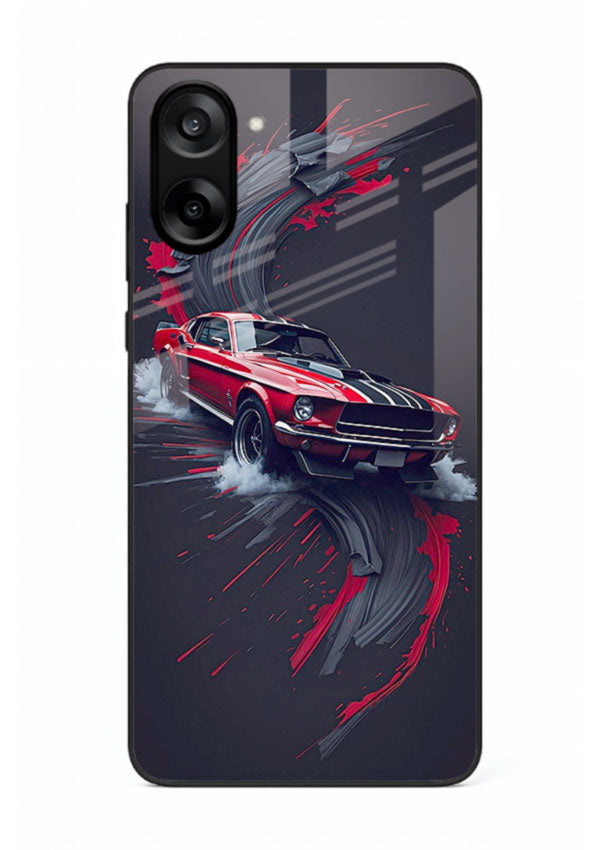 Classic Ford Mustang with red paint splash effect in dynamic motion design for OnePlus Nord CE5