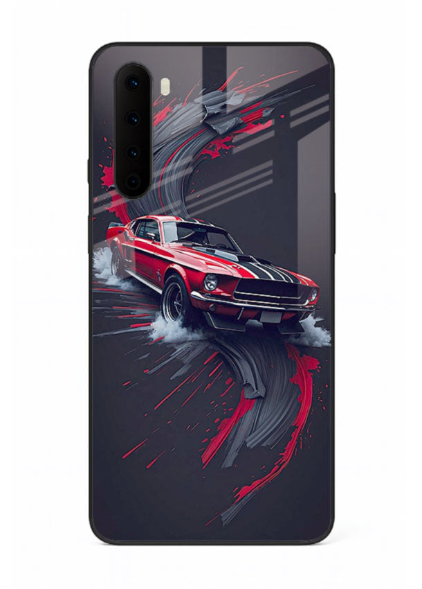 Classic Ford Mustang with red paint splash effect in dynamic motion design for OnePlus Nord