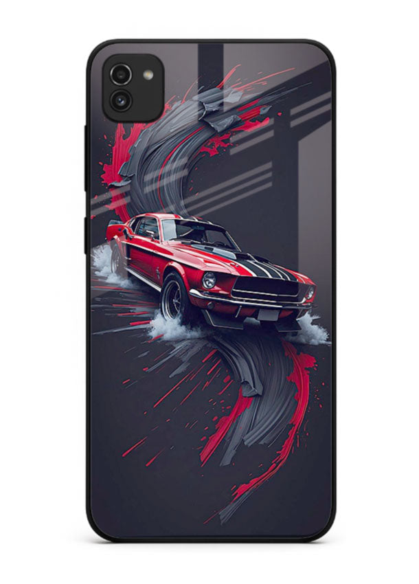 Classic Ford Mustang with red paint splash effect in dynamic motion design for Samsung A03