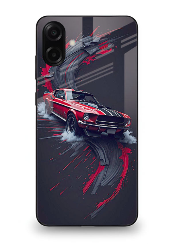 Classic Ford Mustang with red paint splash effect in dynamic motion design for Samsung M13 5G