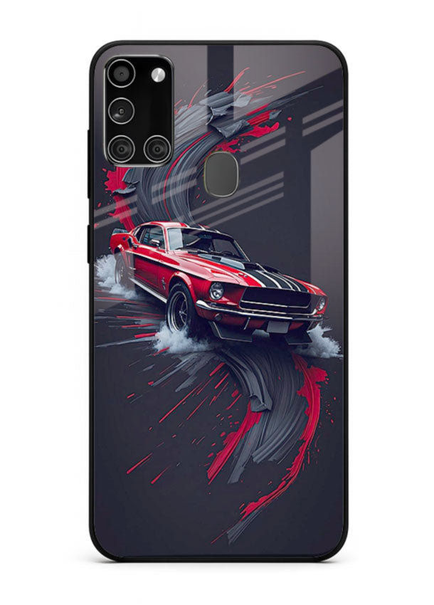 Classic Ford Mustang with red paint splash effect in dynamic motion design for Samsung A21s