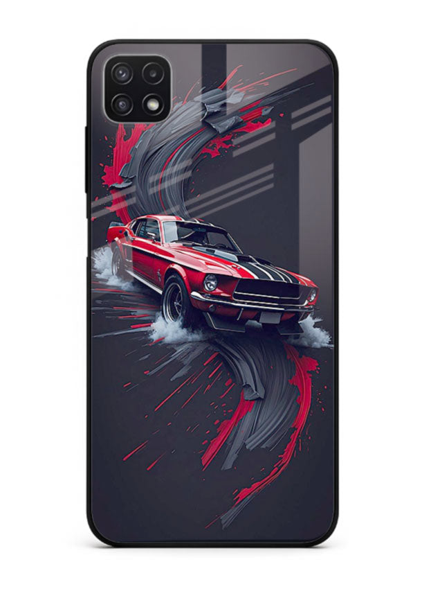 Classic Ford Mustang with red paint splash effect in dynamic motion design for Samsung F42 5G