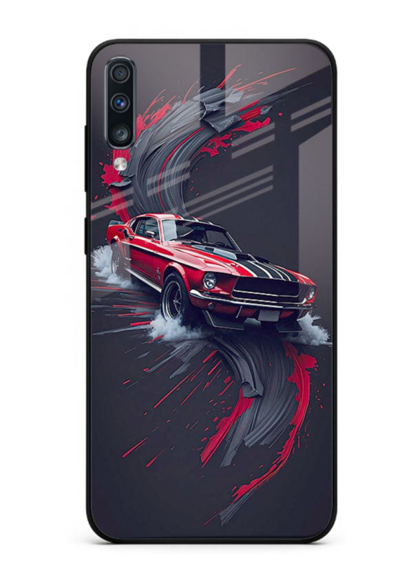 Classic Ford Mustang with red paint splash effect in dynamic motion design for Samsung A70