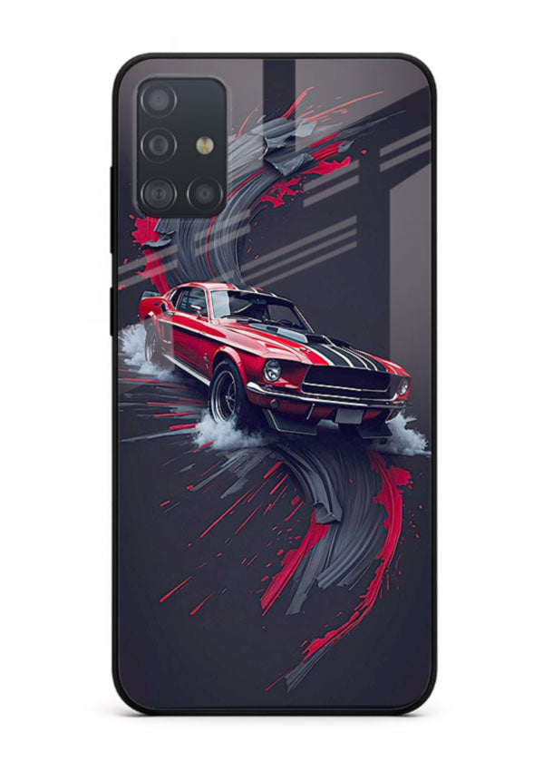Classic Ford Mustang with red paint splash effect in dynamic motion design for Samsung A71