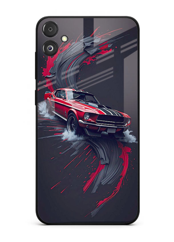Classic Ford Mustang with red paint splash effect in dynamic motion design for Samsung F14 5G