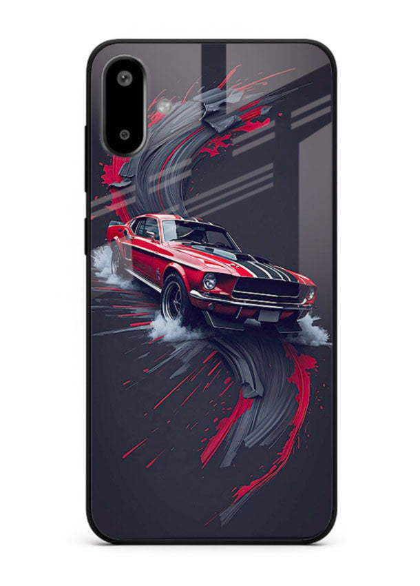 Classic Ford Mustang with red paint splash effect in dynamic motion design for Samsung F06 5G