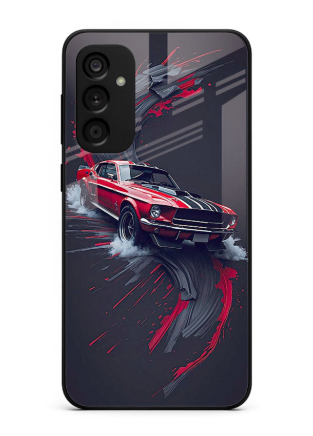 Classic Ford Mustang with red paint splash effect in dynamic motion design for Samsung M15 5G
