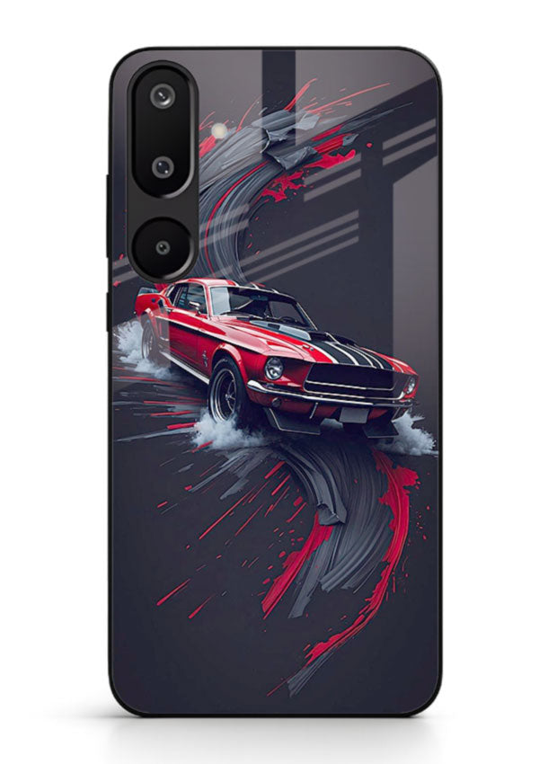 Classic Ford Mustang with red paint splash effect in dynamic motion design for Samsung M16 5G