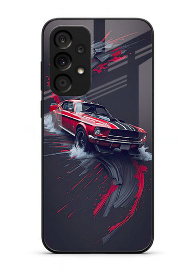 Classic Ford Mustang with red paint splash effect in dynamic motion design for Samsung M32 5G