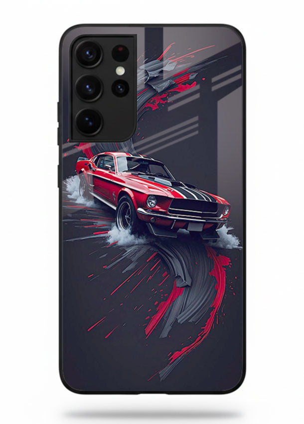 Classic Ford Mustang with red paint splash effect in dynamic motion design for Samsung S21 Ultra