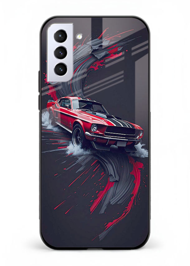 Classic Ford Mustang with red paint splash effect in dynamic motion design for Samsung S22