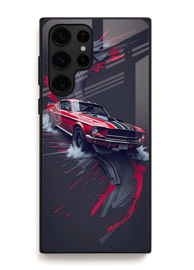 Classic Ford Mustang with red paint splash effect in dynamic motion design for Samsung S25 Ultra