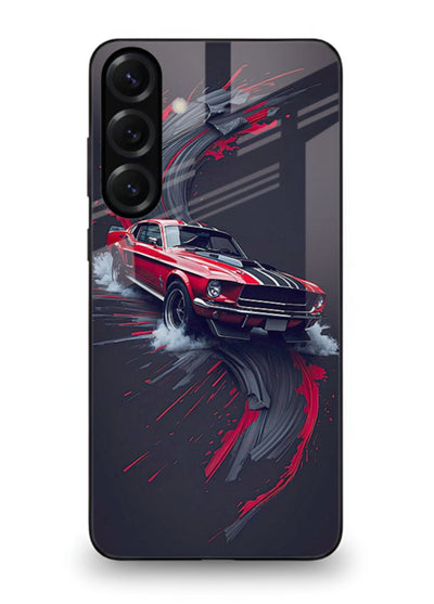 Classic Ford Mustang with red paint splash effect in dynamic motion design for Samsung S25