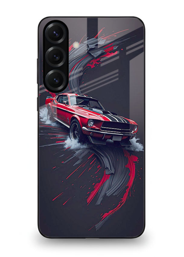 Classic Ford Mustang with red paint splash effect in dynamic motion design for Samsung S25