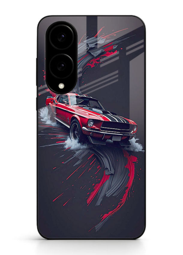 Classic Ford Mustang with red paint splash effect in dynamic motion design for Samsung S25 Edge