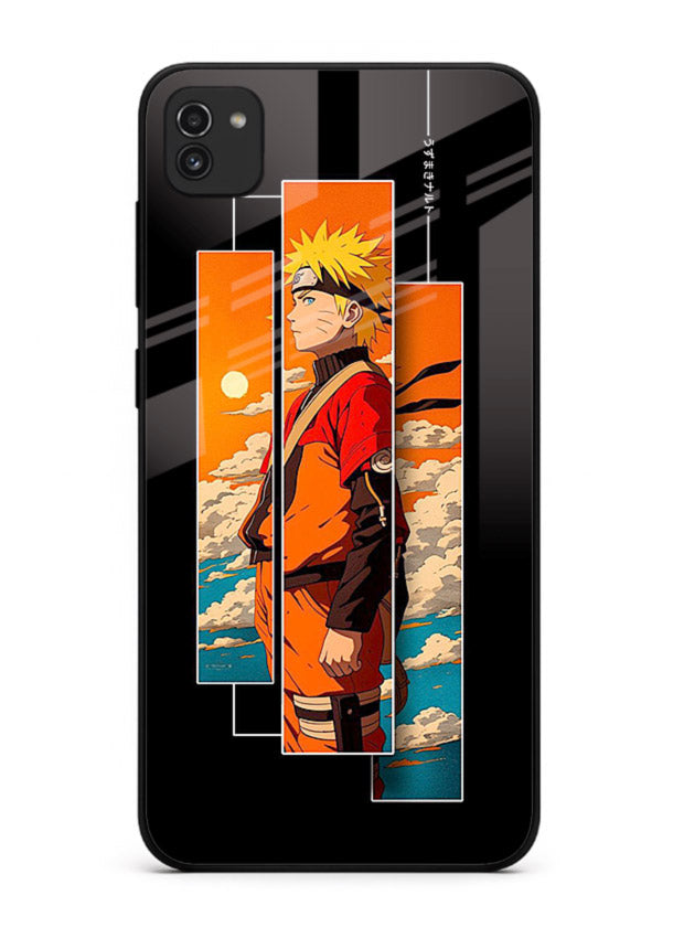 naruto sunset pose orange anime art Samsung A03 glass cover dramatic ninja case