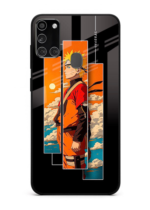 naruto sunset pose orange anime art Samsung A21s glass cover dramatic ninja case
