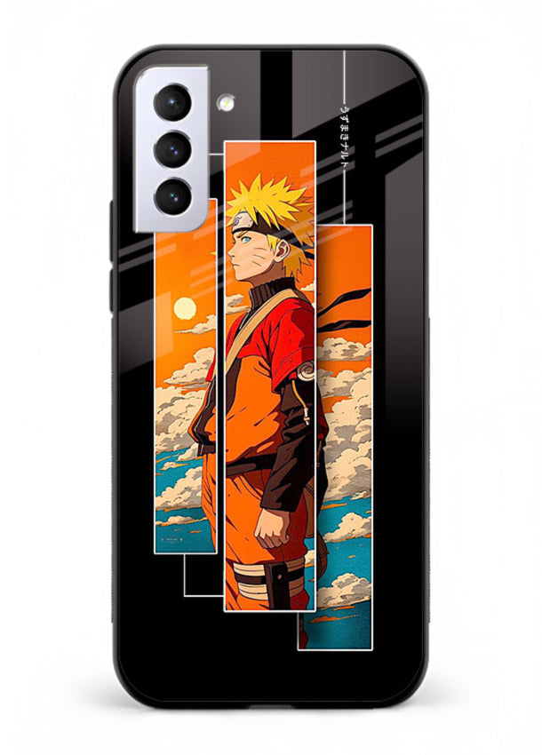 naruto sunset pose orange anime art Samsung S21 FE glass cover dramatic ninja case