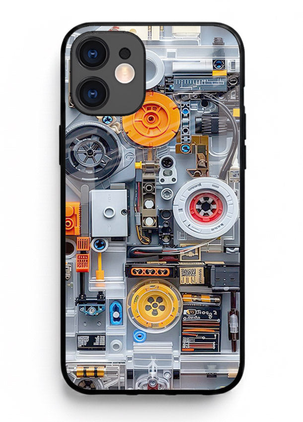 Industrial gears and circuit panel with orange accents for iPhone 11 Back Cover