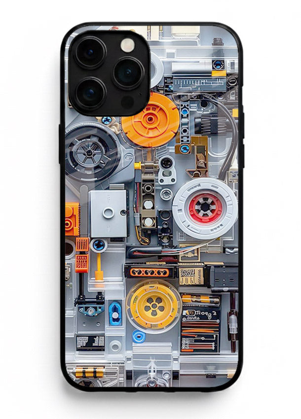 Industrial gears and circuit panel with orange accents for iPhone 16 Pro Max Back Cover