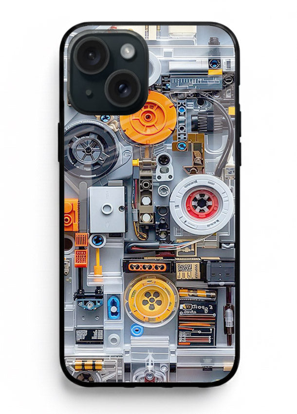 Industrial gears and circuit panel with orange accents for iPhone 13 Mini Back Cover