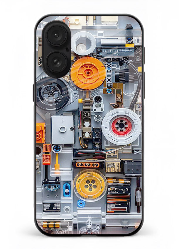 Industrial gears and circuit panel with orange accents for iPhone 16 Back Cover