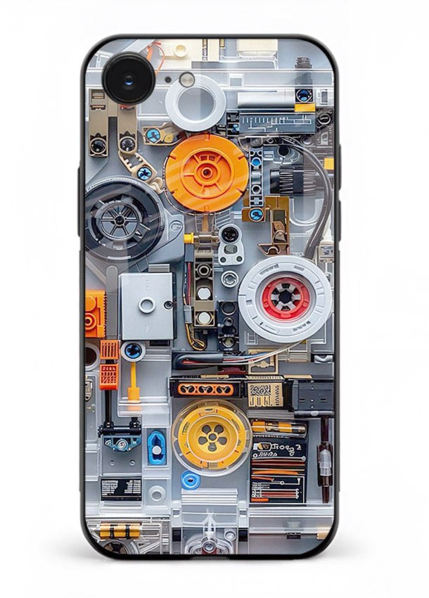 Industrial gears and circuit panel with orange accents for iPhone 16E Back Cover