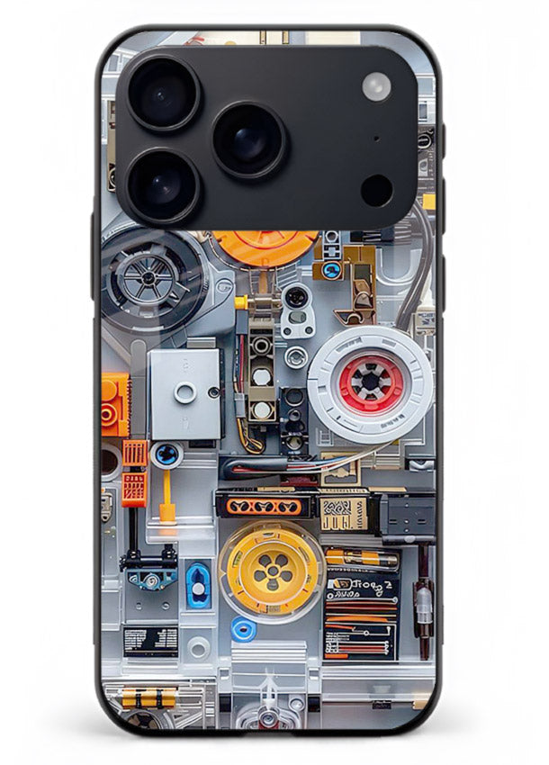 Industrial gears and circuit panel with orange accents for iPhone 18 Pro Max Back Cover