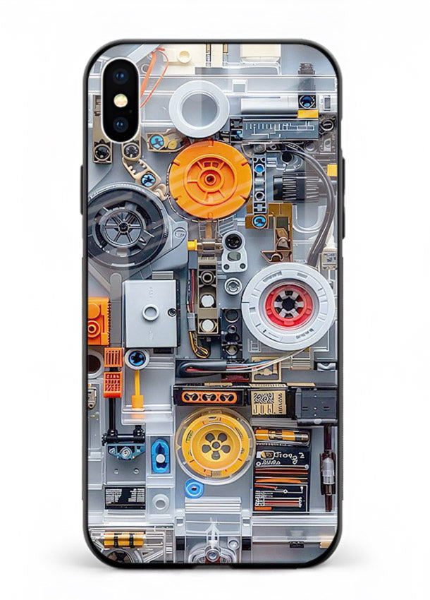 Industrial gears and circuit panel with orange accents for iPhone XS Max Back Cover