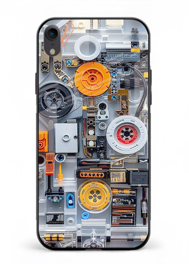 Industrial gears and circuit panel with orange accents for iPhone XR Back Cover