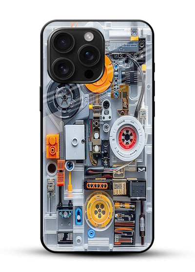 Industrial gears and circuit panel with orange accents - 1