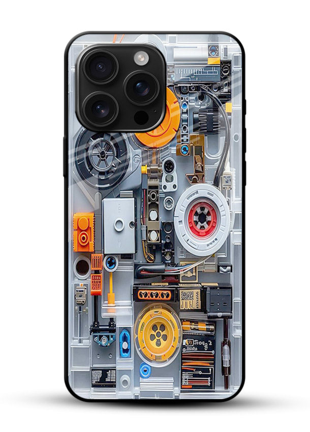 Industrial gears and circuit panel with orange accents - 1