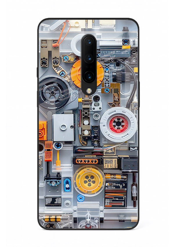 Industrial gears and circuit panel with orange accents for OnePlus 7 Pro Back Cover
