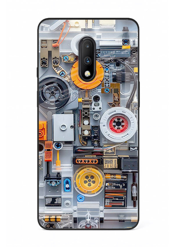 Industrial gears and circuit panel with orange accents for OnePlus 7 Back Cover
