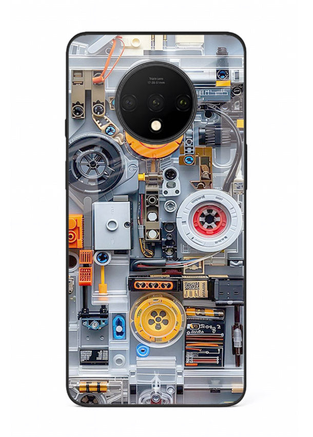 Industrial gears and circuit panel with orange accents for OnePlus 7T Back Cover
