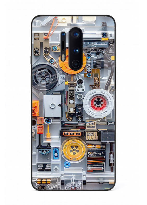 Industrial gears and circuit panel with orange accents for OnePlus 8 Pro Back Cover