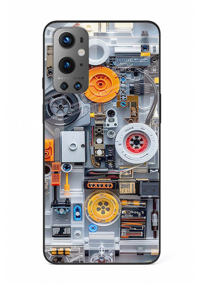 Industrial gears and circuit panel with orange accents for OnePlus 9 Back Cover