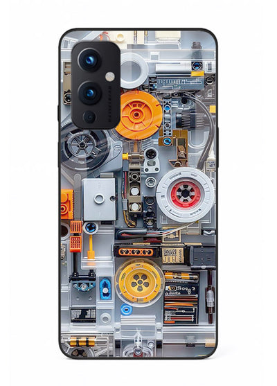 Industrial gears and circuit panel with orange accents for OnePlus 9 Pro Back Cover