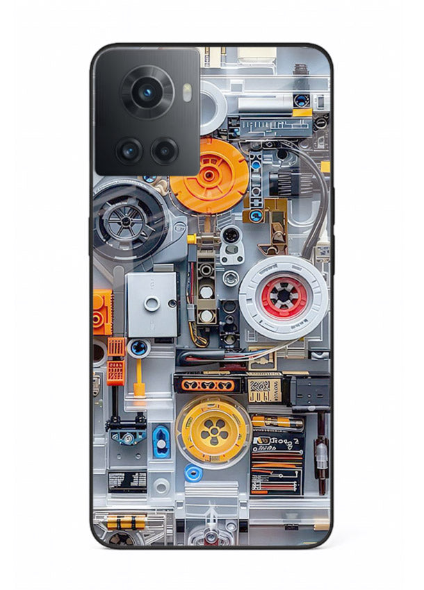 Industrial gears and circuit panel with orange accents for OnePlus 10R Back Cover