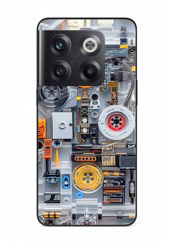 Industrial gears and circuit panel with orange accents for OnePlus 10T Back Cover