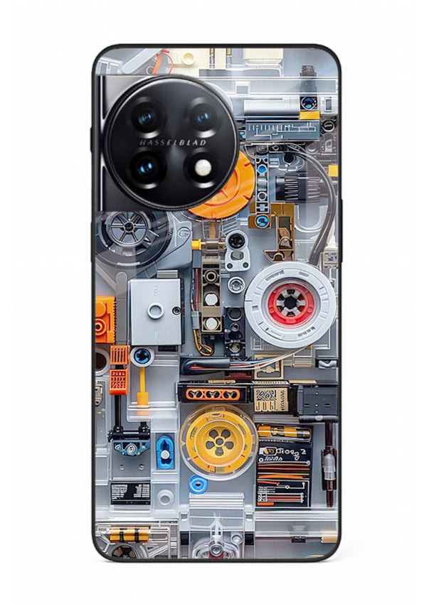 Industrial gears and circuit panel with orange accents for OnePlus 11 Back Cover