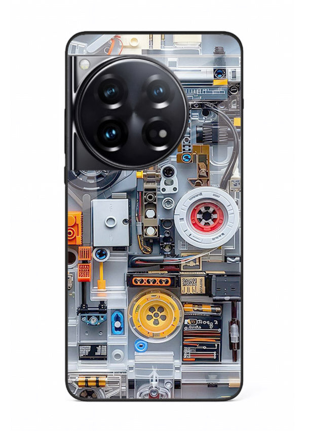 Industrial gears and circuit panel with orange accents for OnePlus 12 Back Cover