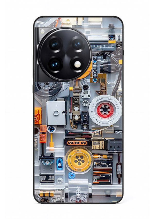 Industrial gears and circuit panel with orange accents for OnePlus 12R Back Cover