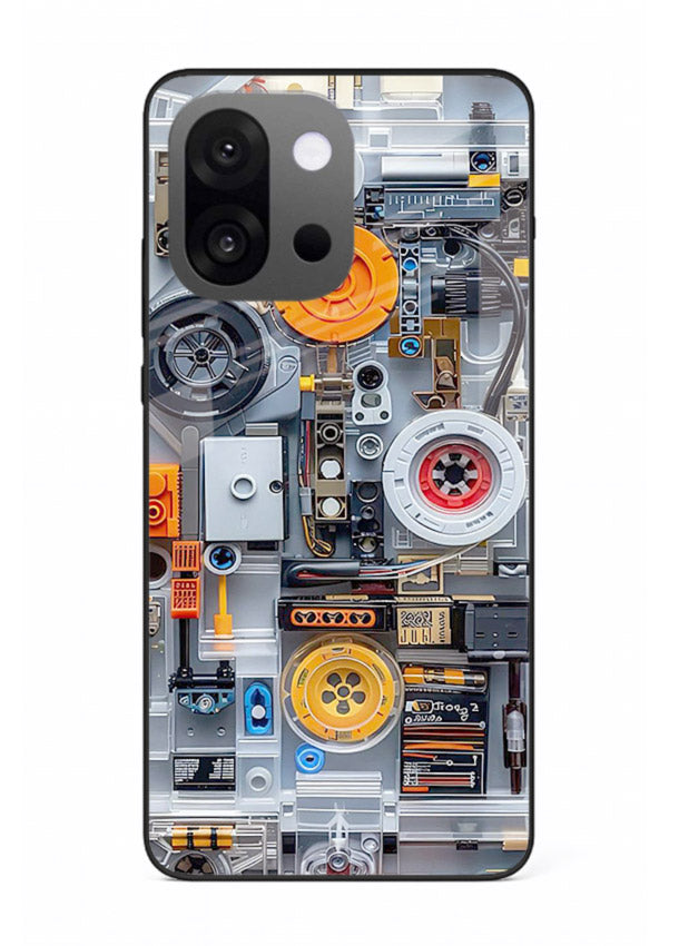 Industrial gears and circuit panel with orange accents for OnePlus 13s Back Cover
