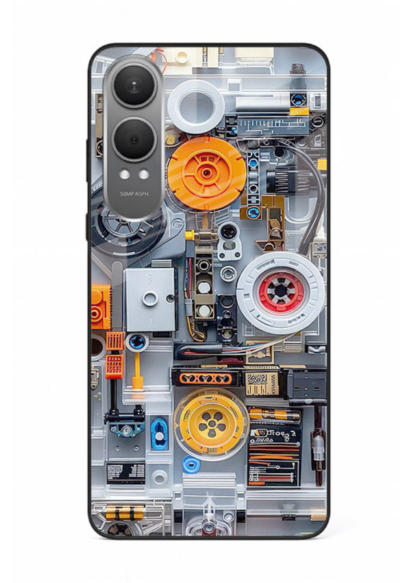 Industrial gears and circuit panel with orange accents for OnePlus Nord CE4 Lite Back Cover