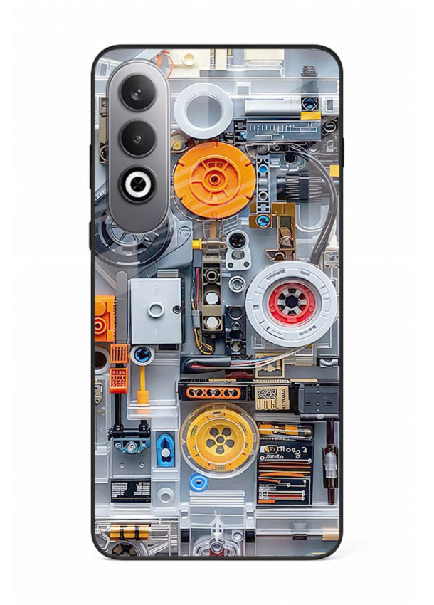 Industrial gears and circuit panel with orange accents for OnePlus Nord CE4 Back Cover