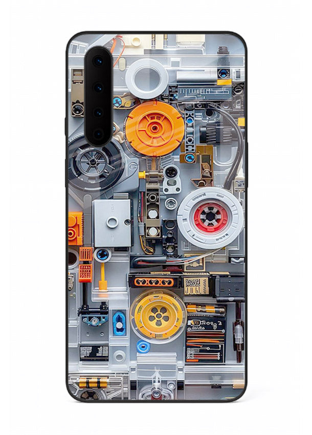 Industrial gears and circuit panel with orange accents for OnePlus Nord Back Cover